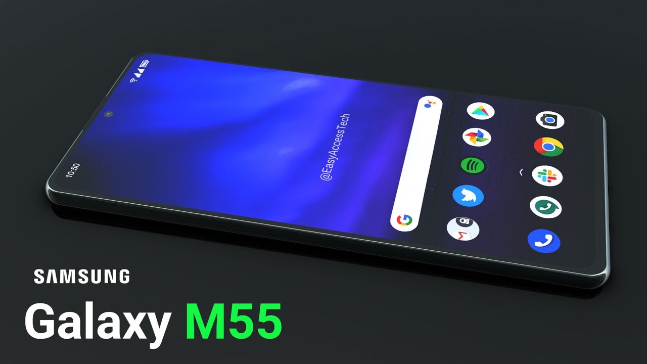 Imagem do novo Samsung Galaxy M55 2024 encima de uma superfície preta
