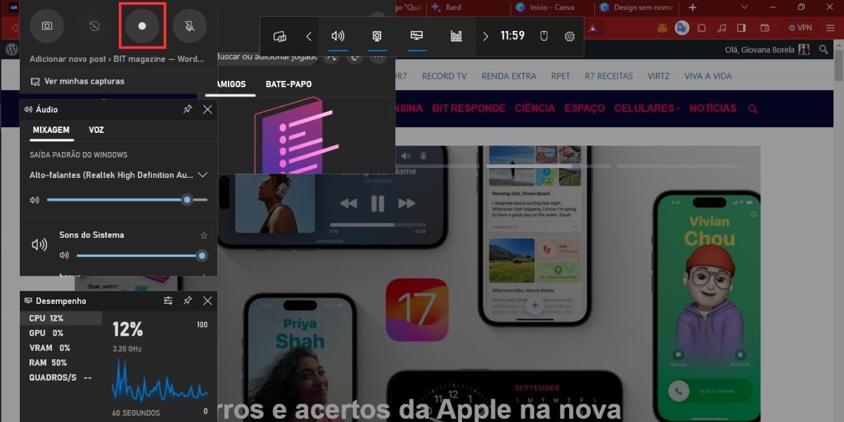 Imagem de hub para grava tela Windows