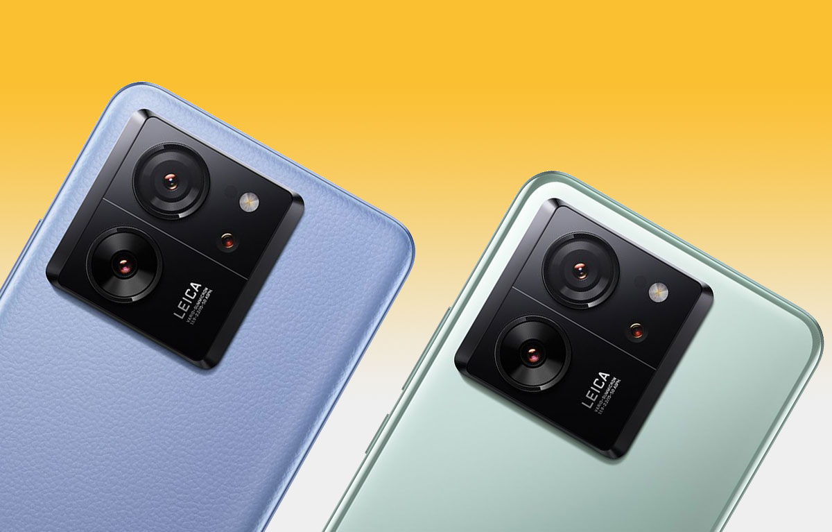 Detalhes nas câmeras do novo celular Xiaomi 13T Pro, nas cores azul e verde