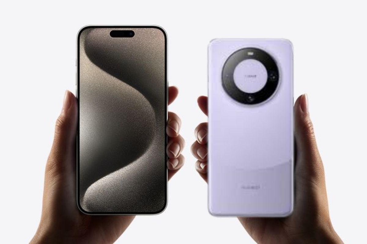 Imagem de divulgação do Apple e o modelo da Huawei