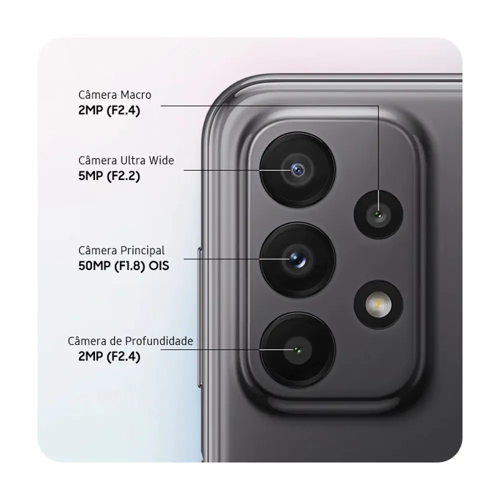 Câmera do celular Samsung A23 na cor preta
