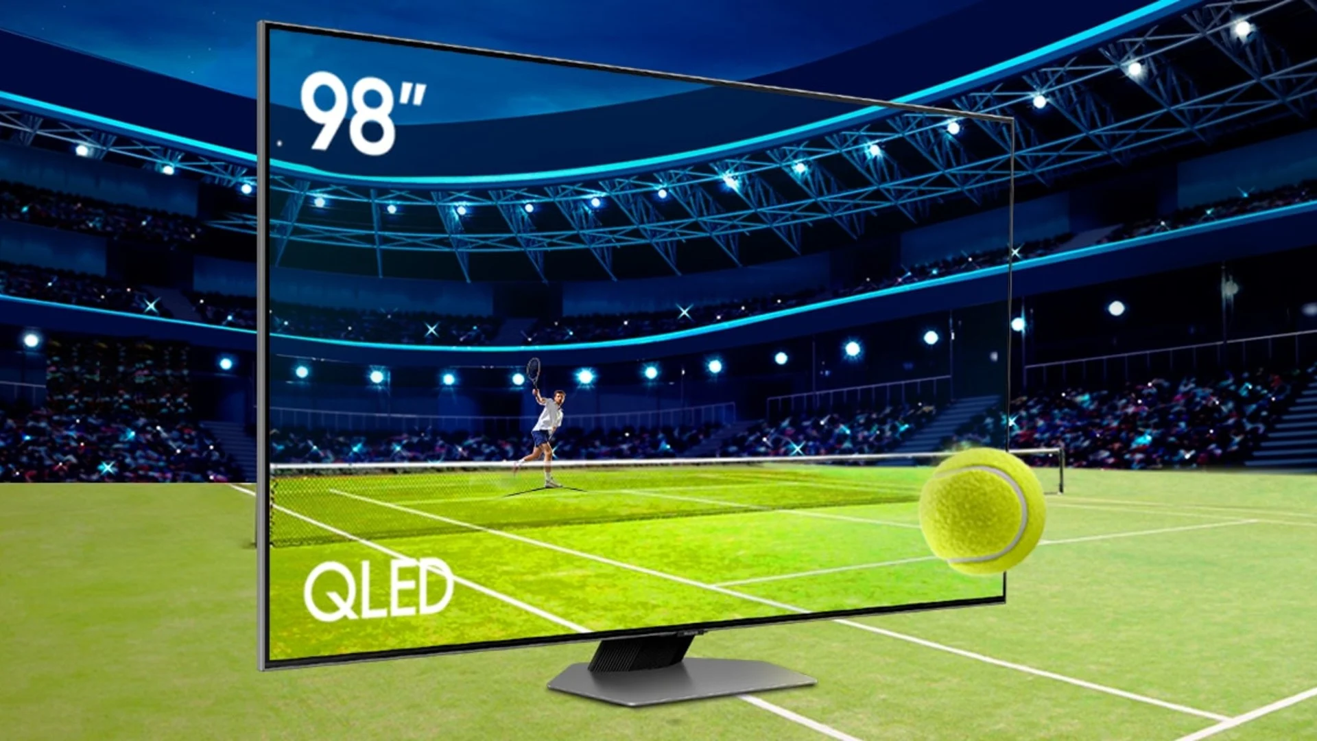 Banner promocional para divulgar a TV 98 polegadas Samsung, exibindo um jogo de tênis