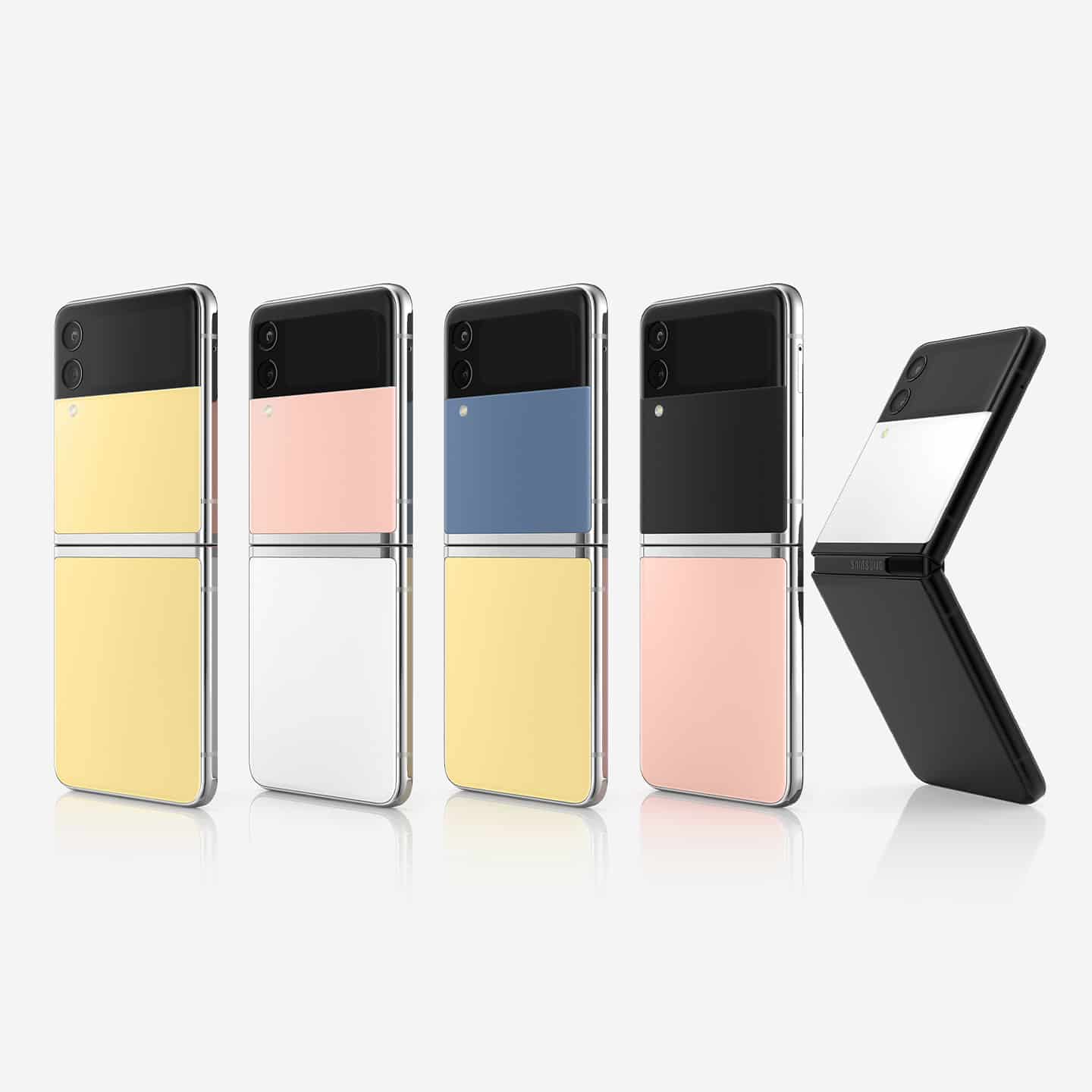 Celulares Samsung Flip nas cores amarelo, rosa e azul