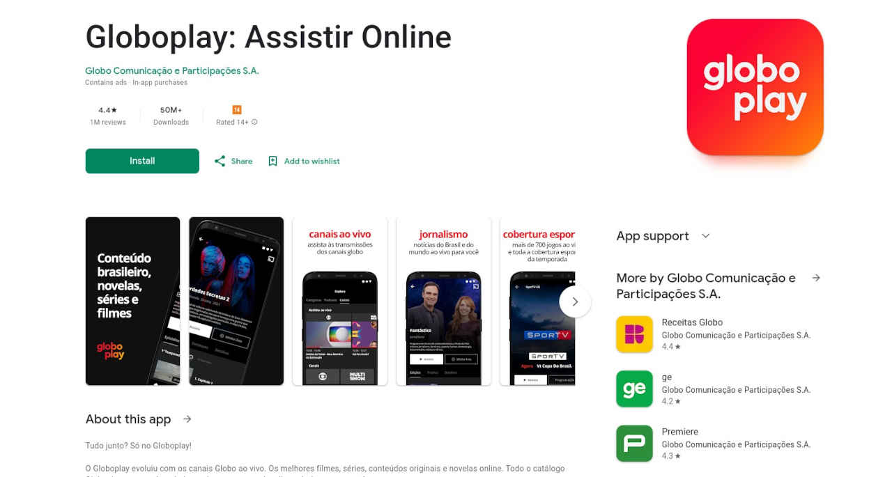 Aplicativo Globoplay na Google Play para assistir glodo ao vivo de graça no celular