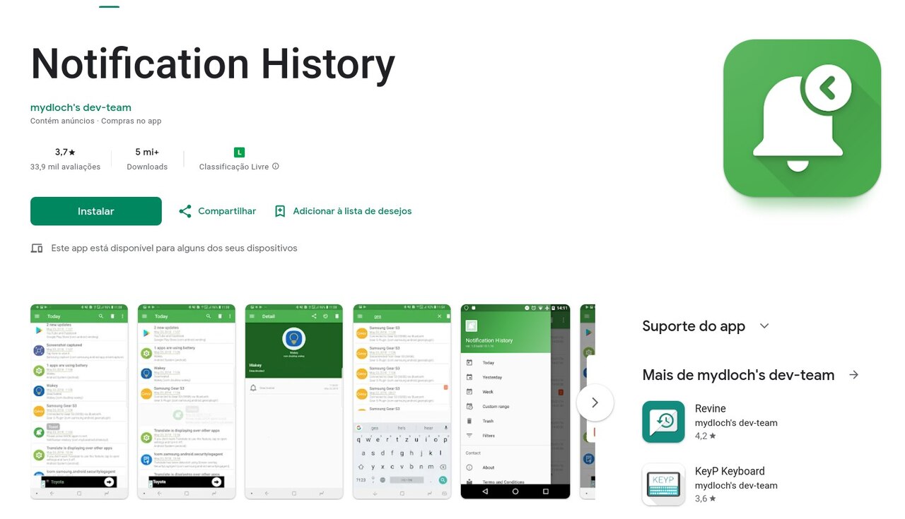 Página do Notification History na Google Play, um aplicativo Android que permite recuperar áudios do WhatsApp excluídos