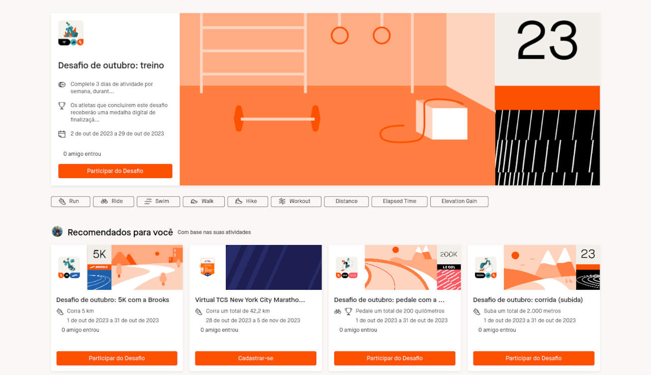 Página de desafios no Strava, um dos melhores aplicativos para caminhada e corrida