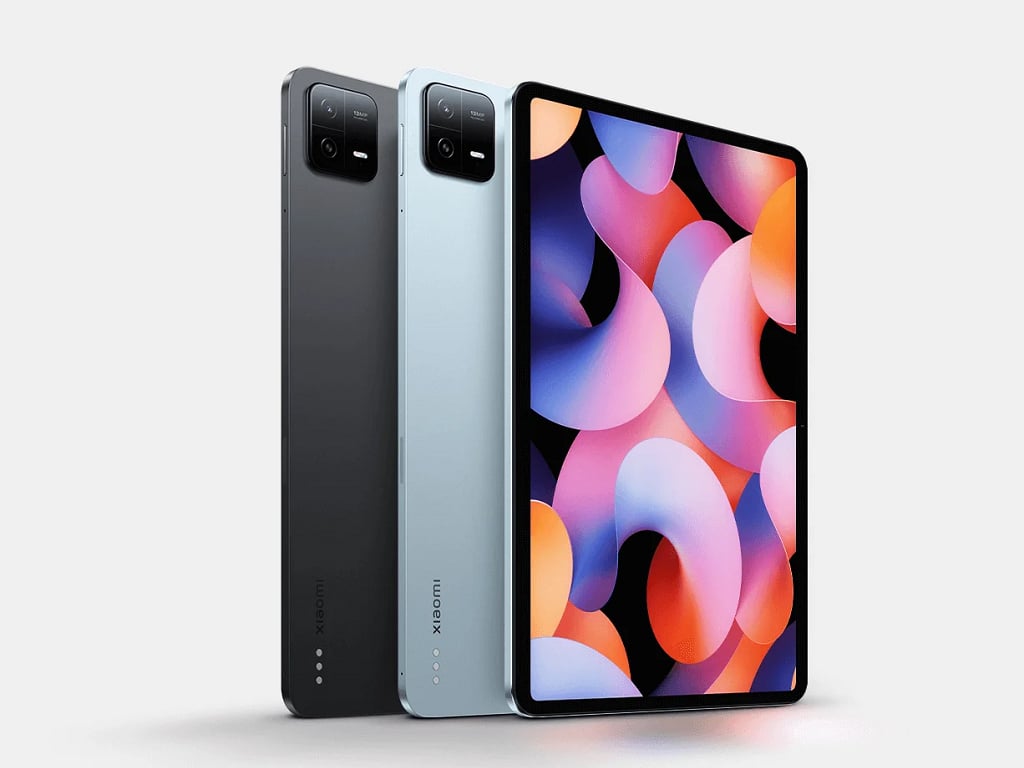 3 modelos do Xiaomi Pad 6, nas cores grafite, azul e branco