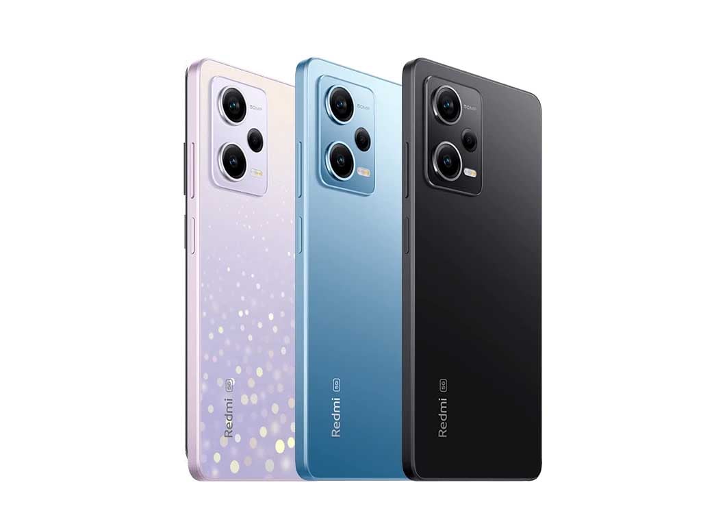 3 celulares da linhda Xiaomi Redmi Note 12 Pro 5G nas cores rosa, azul e preto