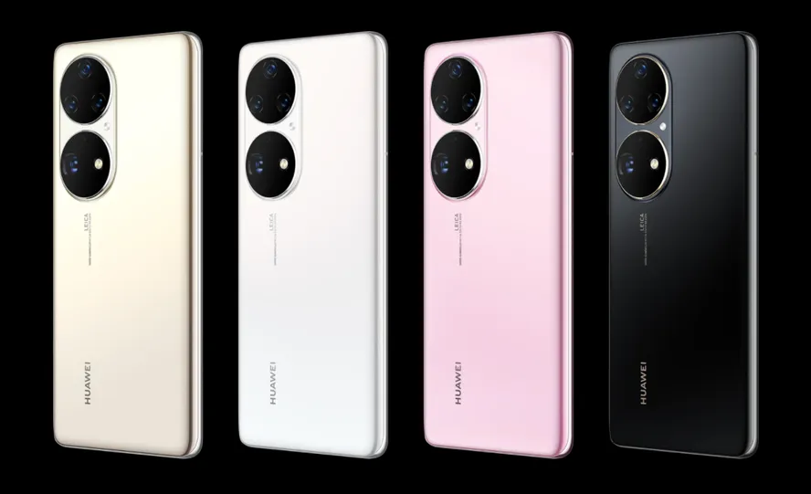 celulares Huawei P50 nas cores dourado, branco, rosa e preto