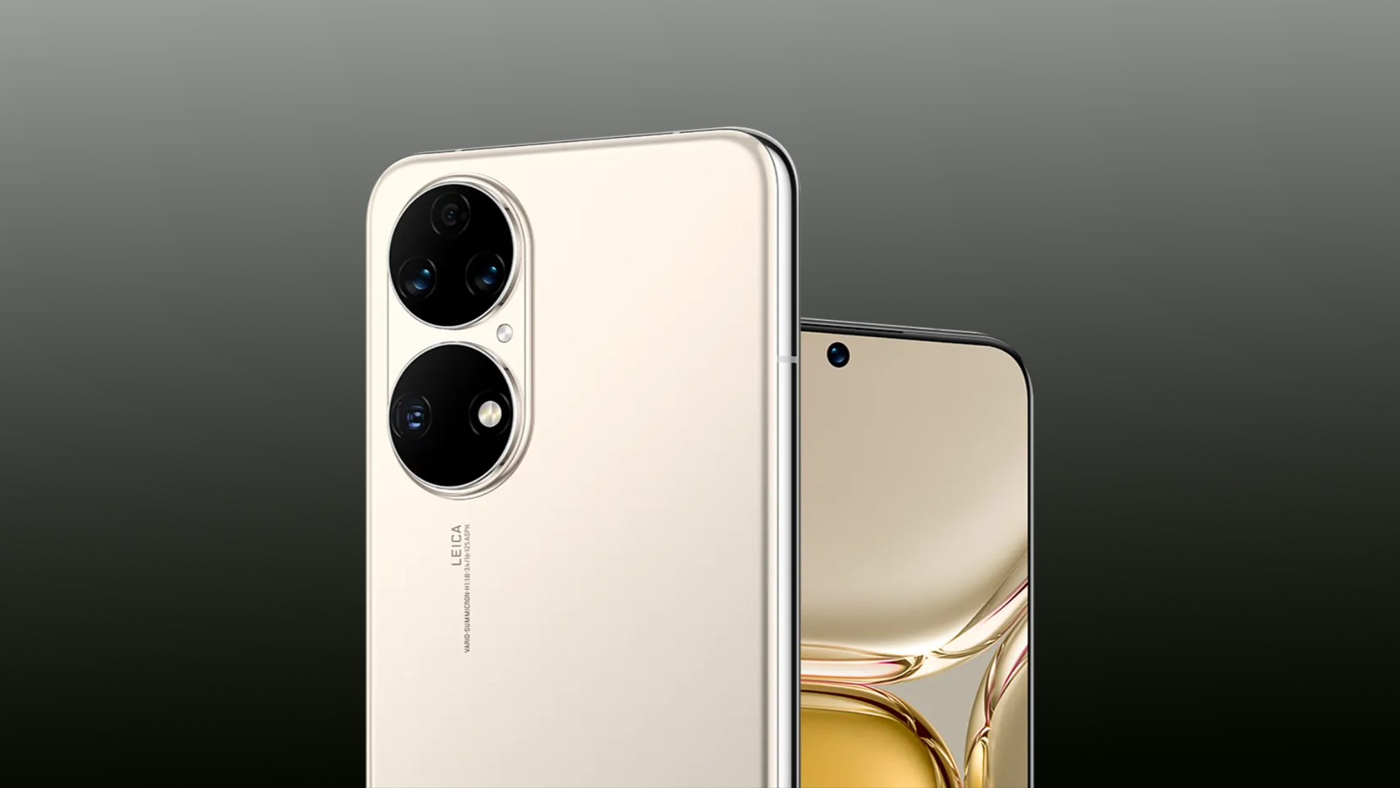 Detalhes das câmeras do celular Huawei P50 dourado