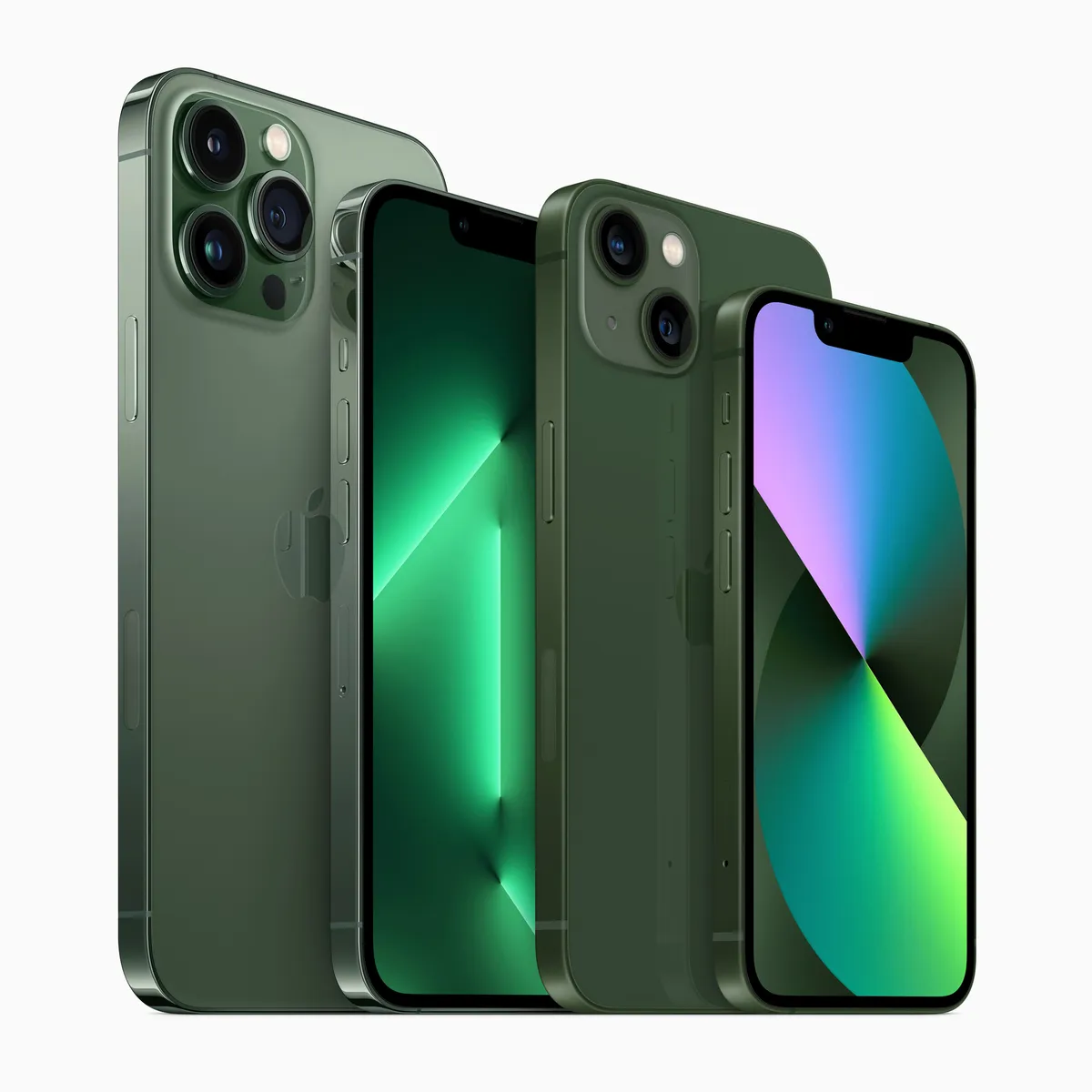 3 modelos de iPhone 13 na cor verde. 13, 13 Pro e 13 Pro Max