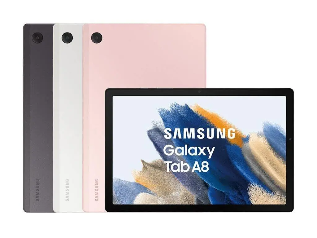 Vários tablets da Samsung lado a lado, nas cores grafite, branco e rosa