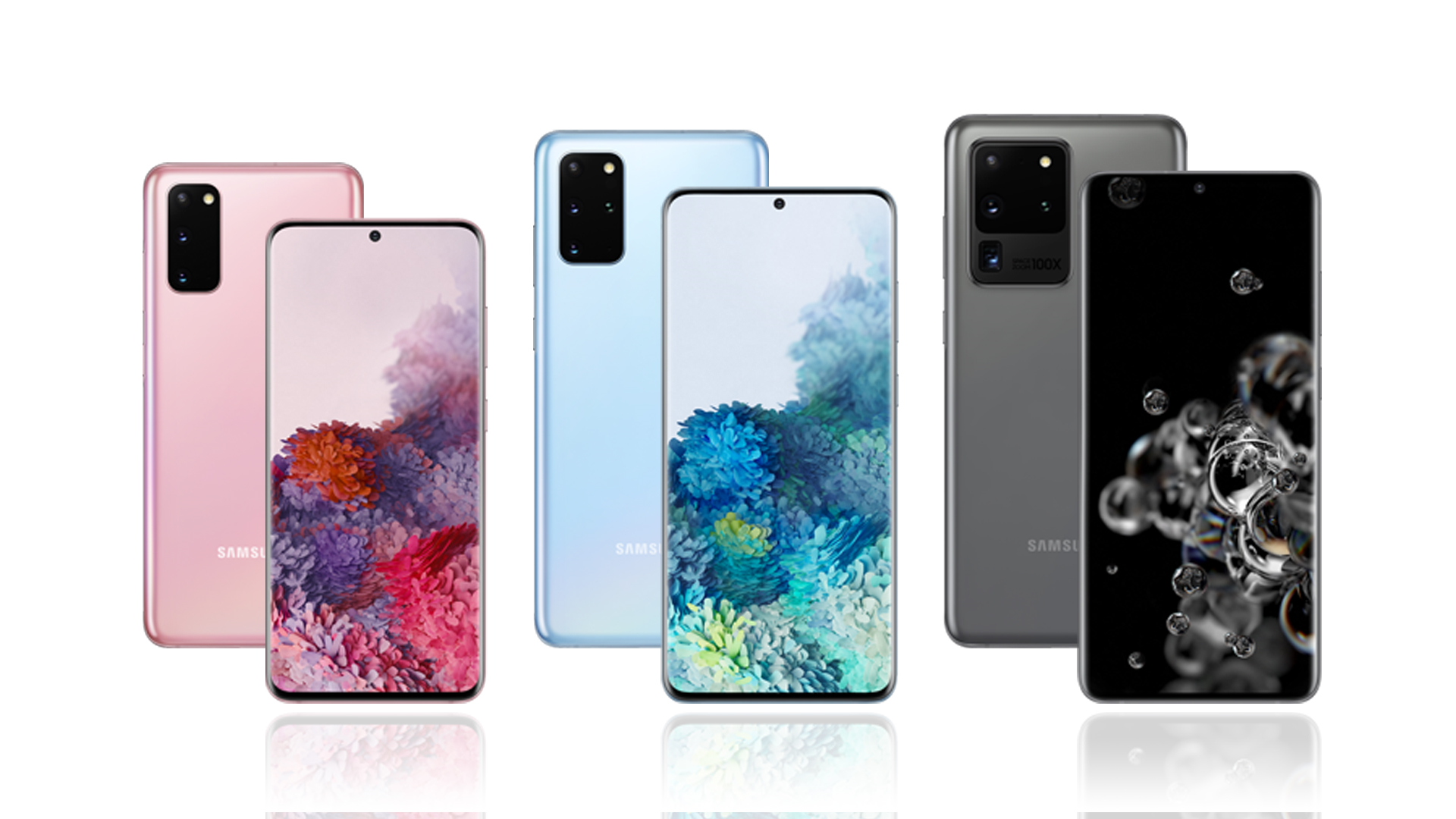 3 modelos do Samsung S20 nas cores rosa, azul e cinza