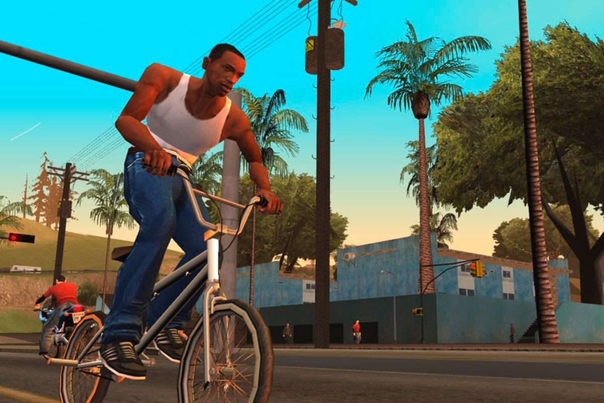 O protagonista do GTA (CJ) em cima de uma bicicleta