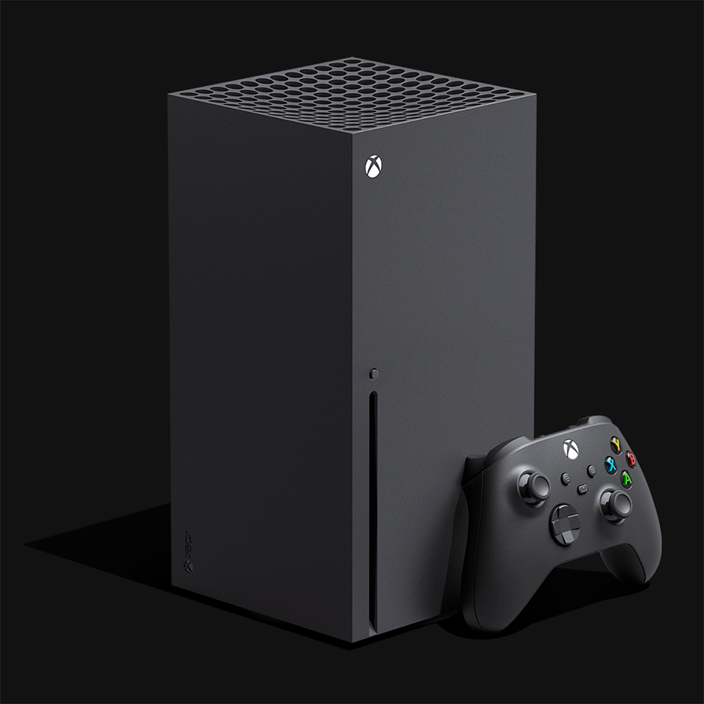 Design do Xbox Series X na cor preta, com seu controle à sua frente