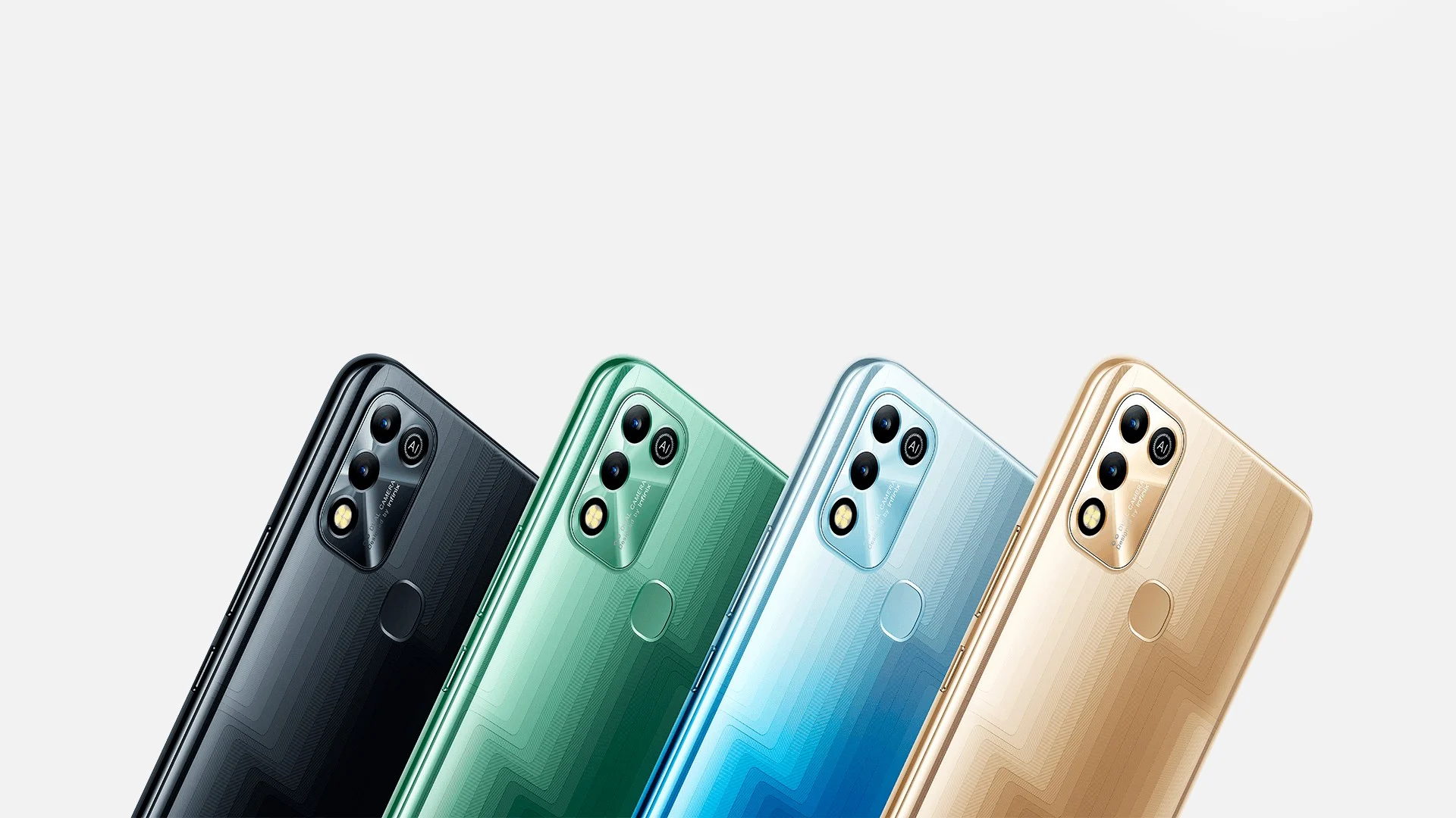 4 modelos do celular Infinix Hot 11 nas cores preta, verde, azul e amarelo, respectivamente