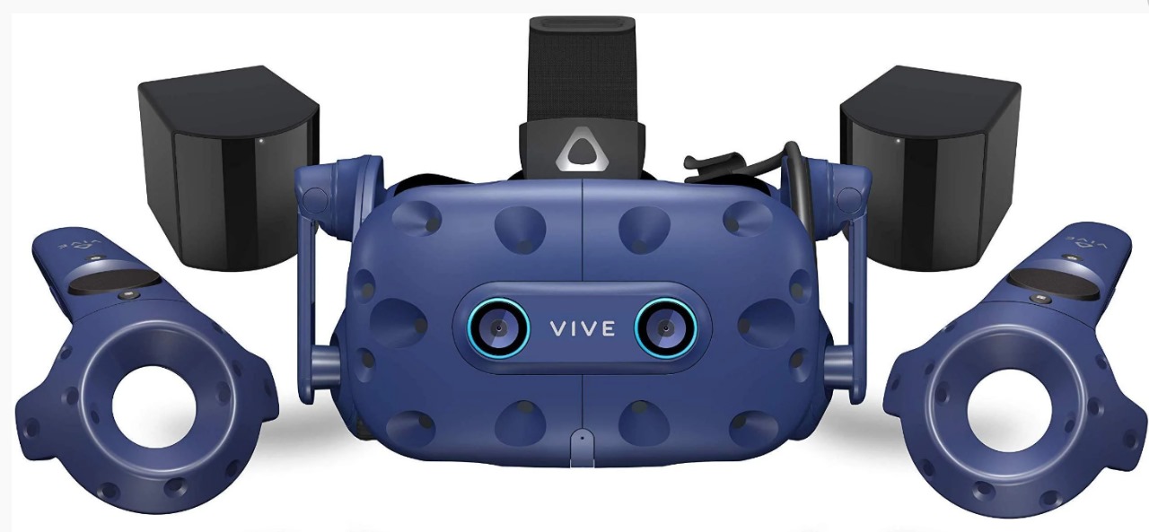 Kit completo de óculos de realidade virtual na cor azul com detalhes em preto