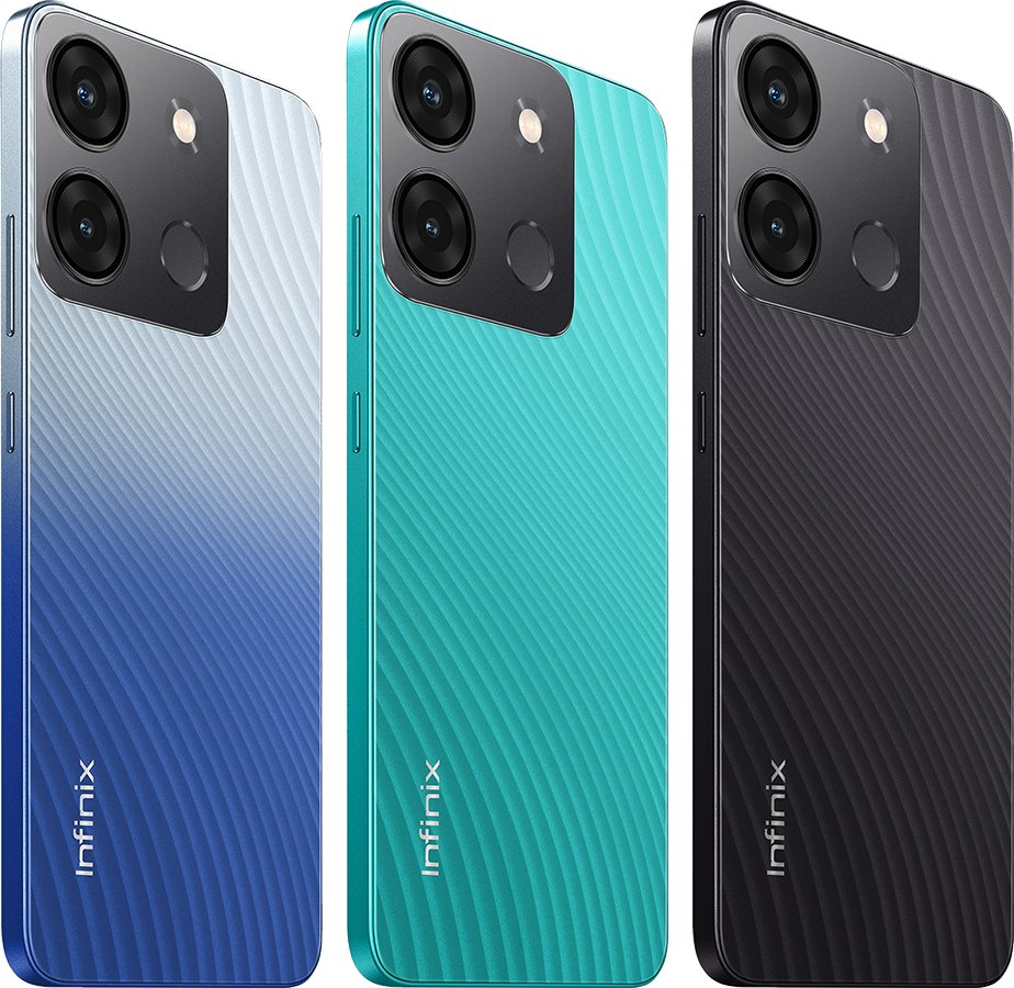 Celulares Infinix Smart 7 nas cores azul, verde e preto, com destaque para as câmeras traseiras