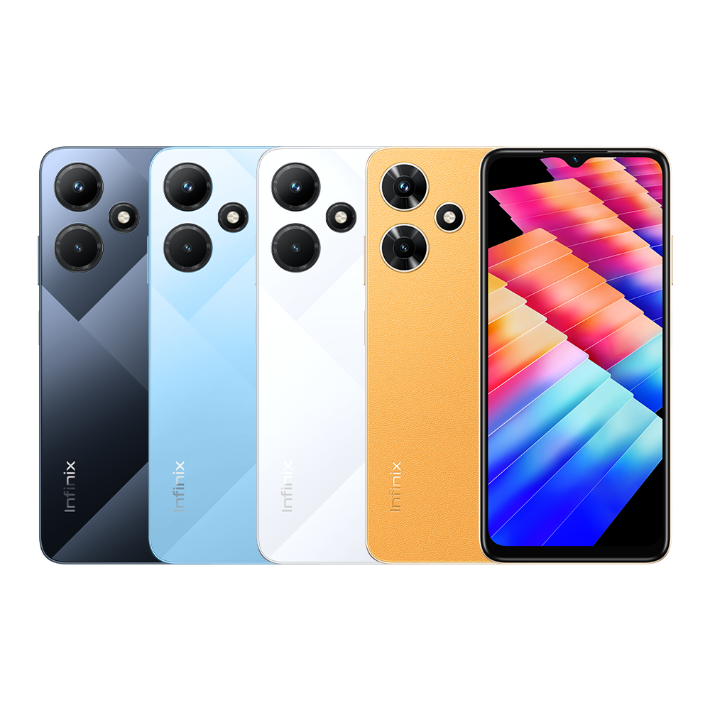 celulares Infinix Hot 30i 128GB. Da esquerda para direita: preto, azul, branco e amarelo