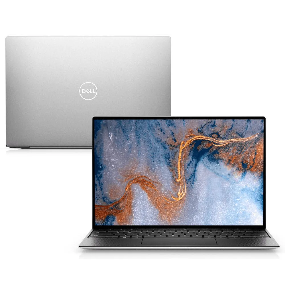 Vista da tampa e tela do notebook Dell XPS 15 prata com preto