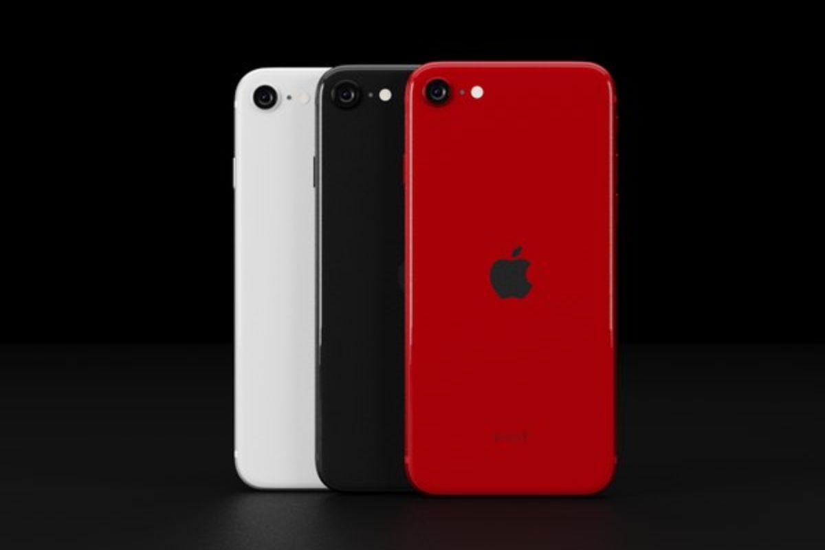 Imagem de divulgação com três iPhone SE 2ª Geração Usado sobre um fundo preto