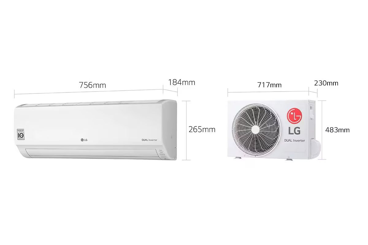Imagem de divulgação com as medidas do ar condicionado mais inteligente da LG. É possível ver duas peças sobre o fundo branco 