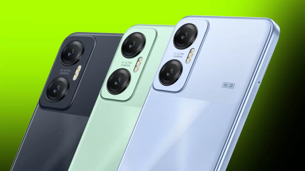 Da esquerda para direita: celular Infinix Hot 20 5G 128GB na cor preta, verde e azul, ambos com a tela voltada para trás