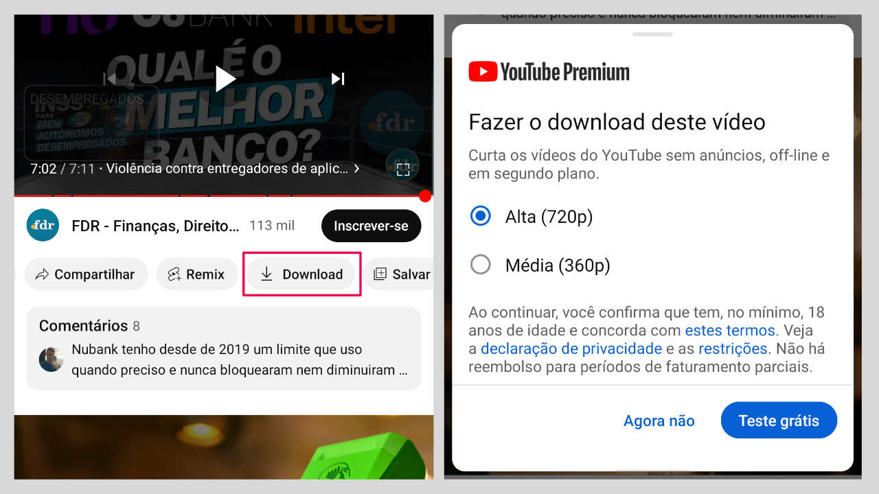 Botão bara baixar vídeo do YouTube pelo aplicativo oficial