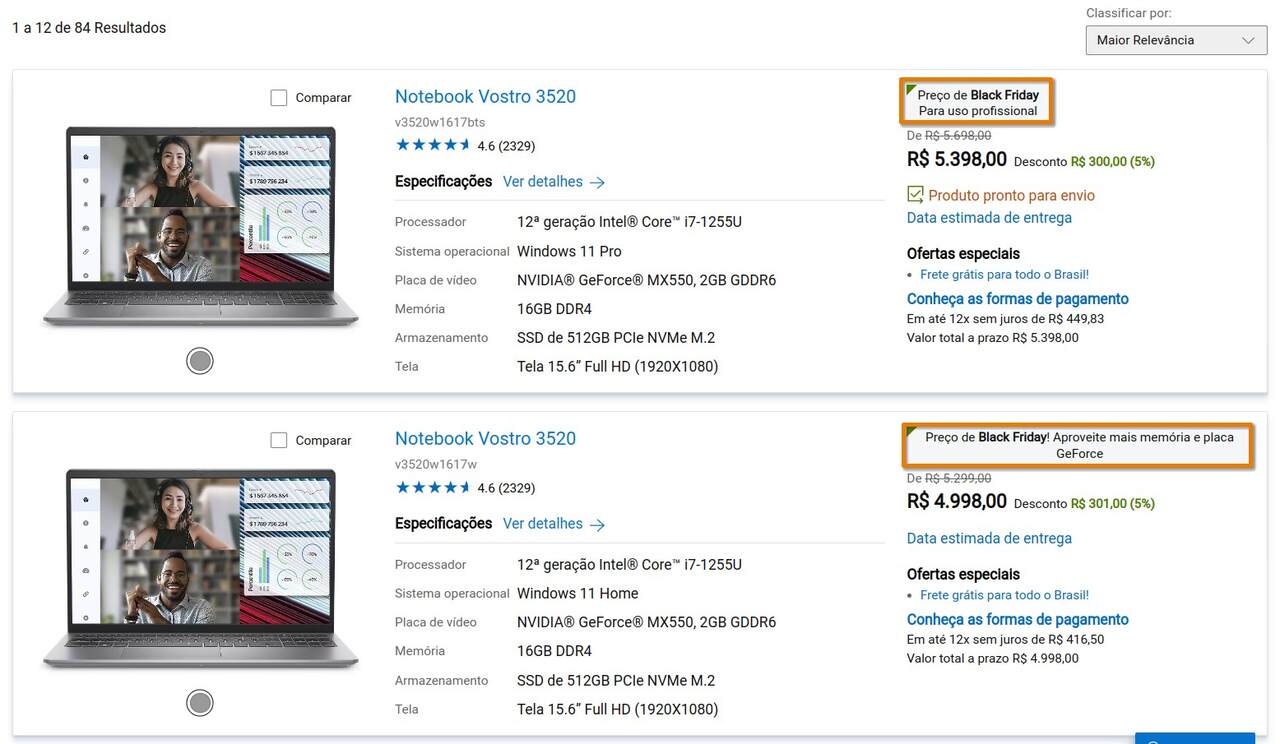 Cupons vĺidos da Dell aparecem ao lado dos produtos