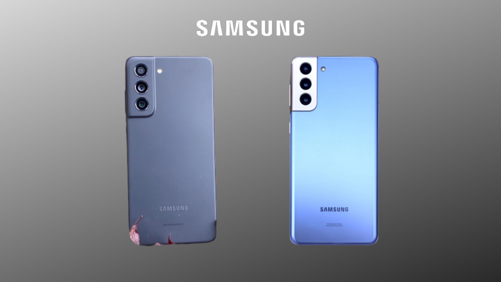 Fundo cinza, destacando os celulares Galaxy S21 e S21 FE nas cores cinza e azul
