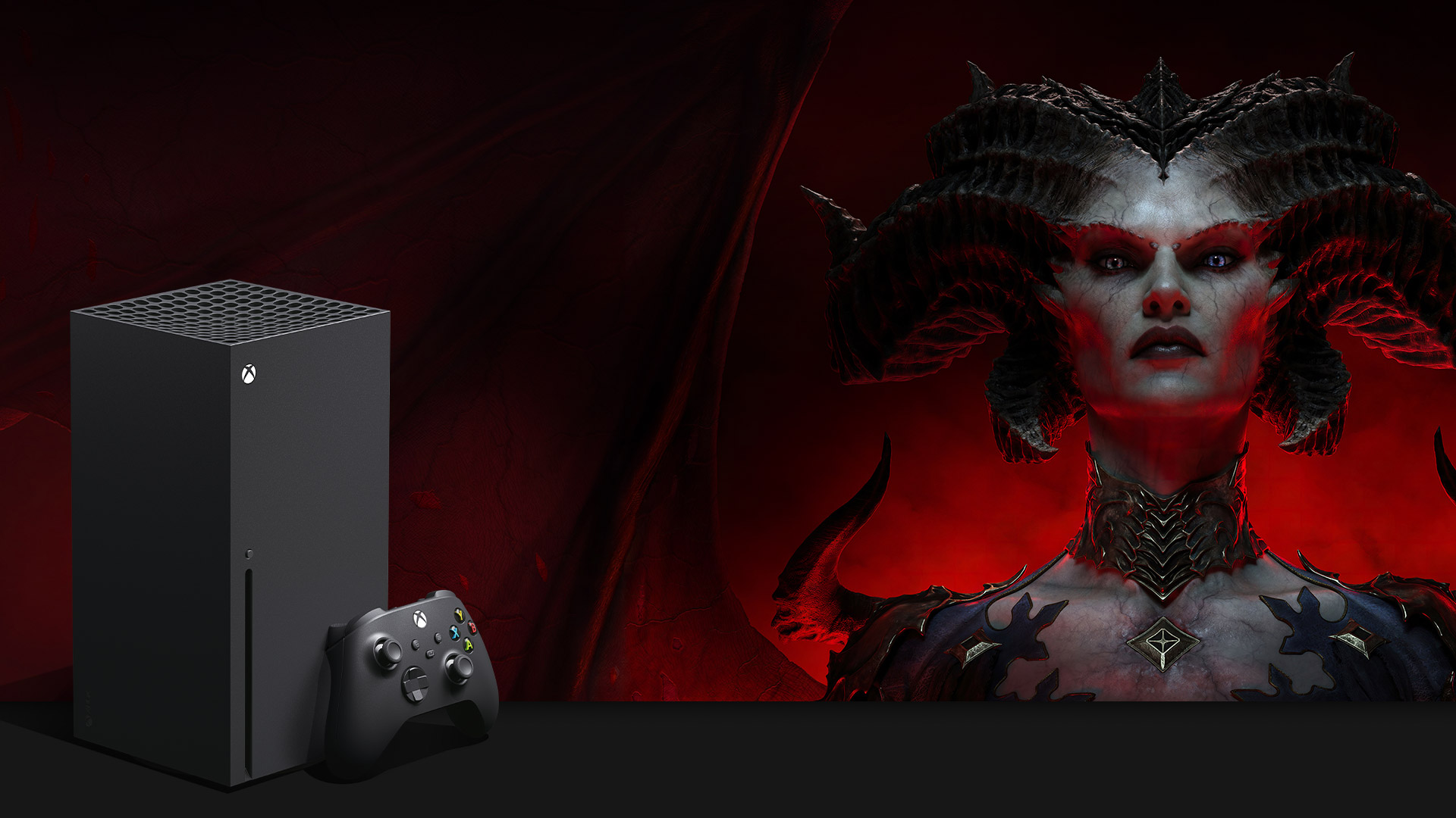 Visual do Xbox Series X, na cor preta, ao lado de personagem diabólico do jogo Diablo IV