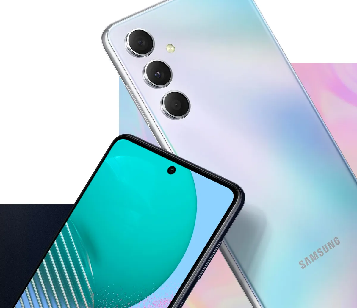 Visão da tela e traseira do celular Galaxy M54 5G na cor azul