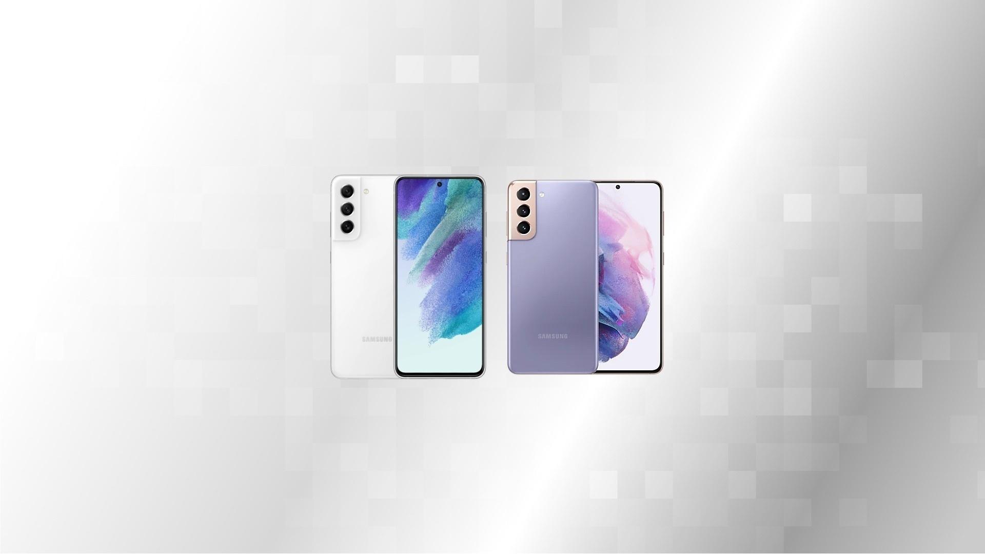 Design traseiro e frontal dos celulares Galaxy S21 e S21 FE nas cores branca e violeta