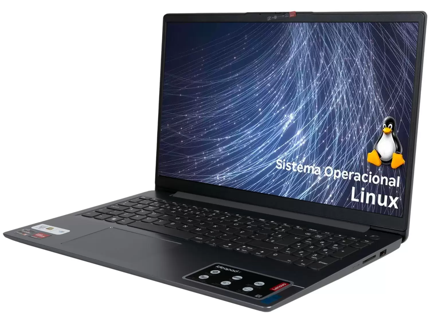 Notebook Lenovo IdeaPad 3 com tampa aberta, sistema operacional Linux