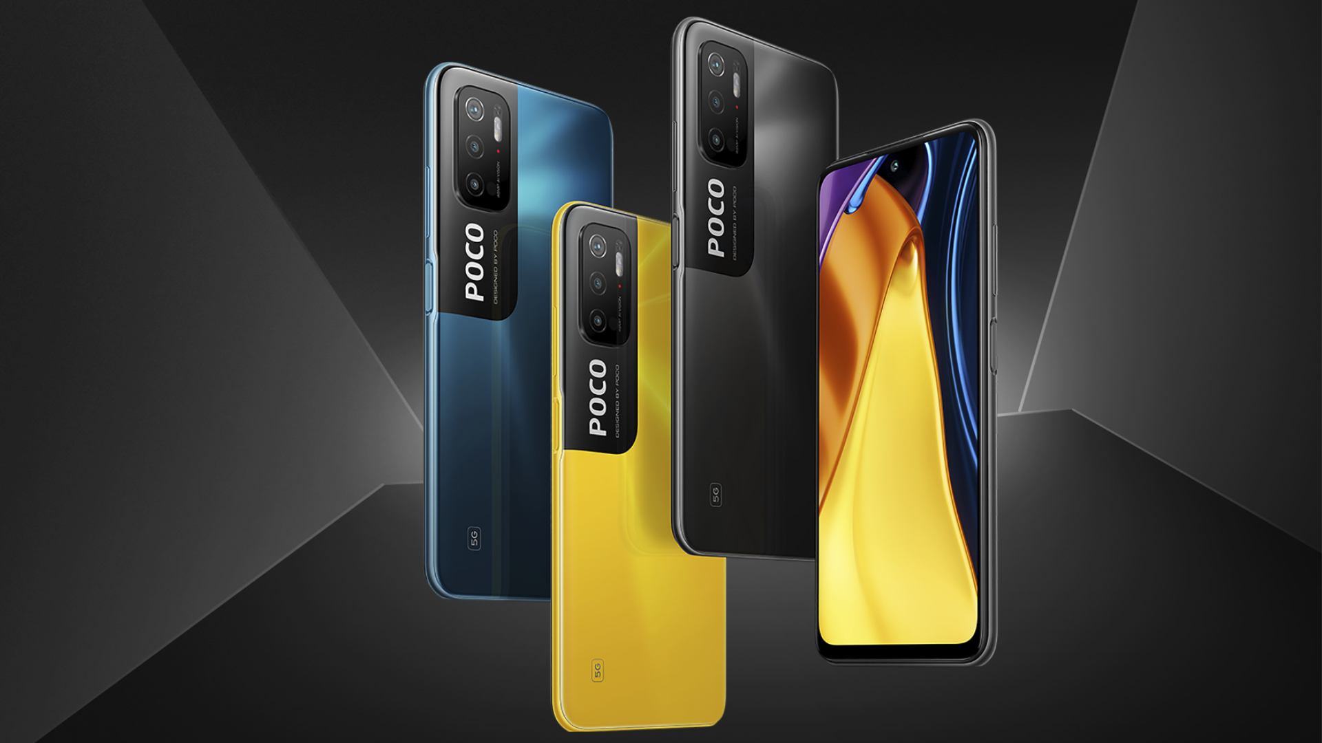 Celulares Poco M3 Pro 5G nas cores azul escuro, amarelo e preto