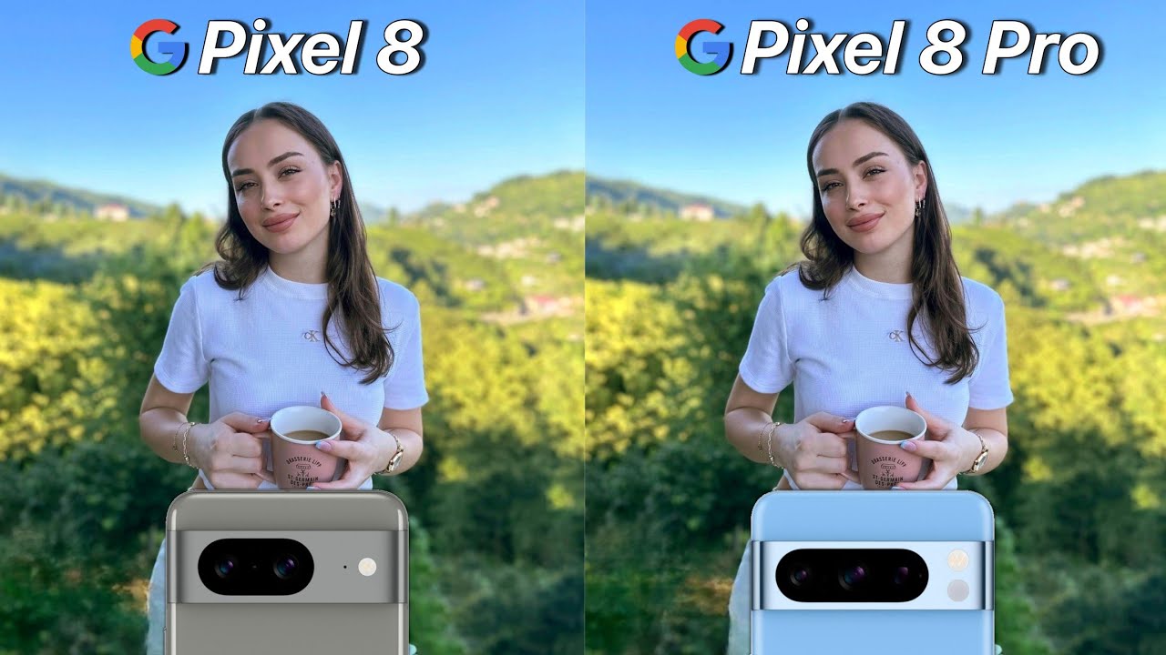 Montagem de fotos de uma mulher, comparando as câmeras dos celulares Google Pixel 8 e 8 Pro 