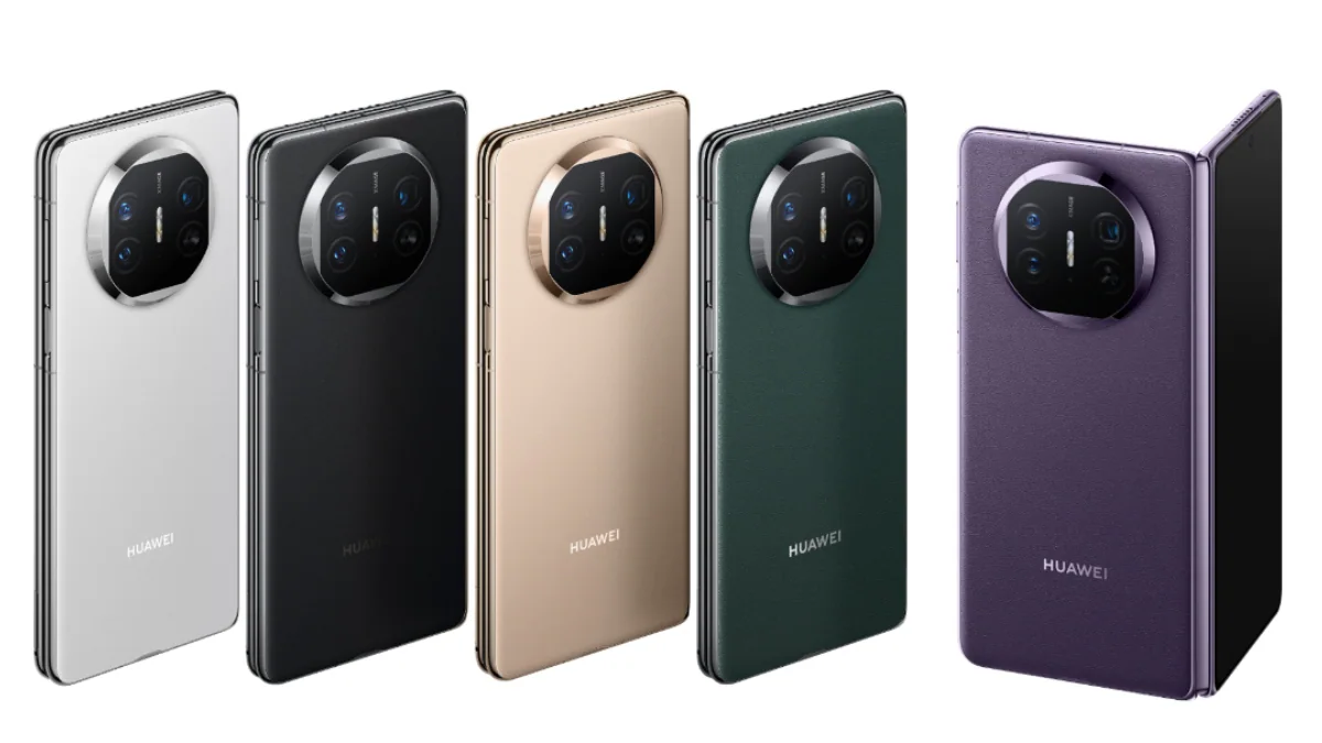 Celulares Huawei Mate X5 nas cores branco, preto, dourado, verde e roxo, respectivamente