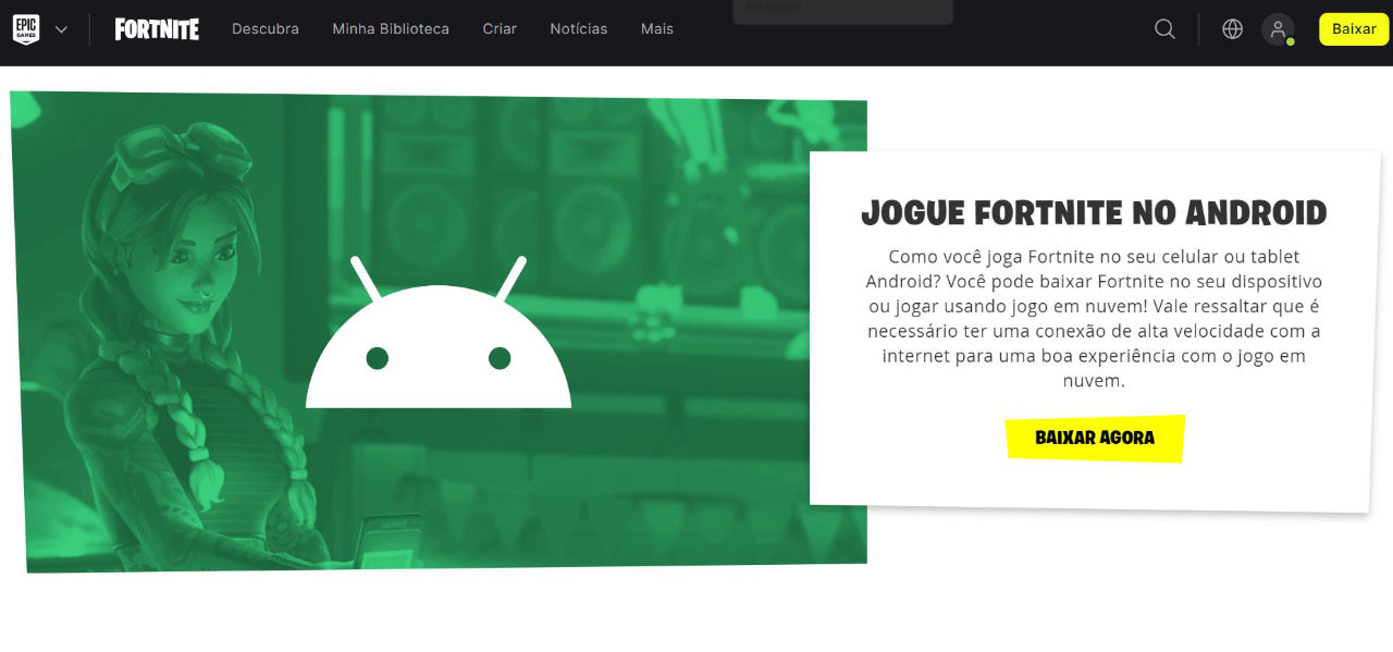 Página para baixar Fortnite nos celulares