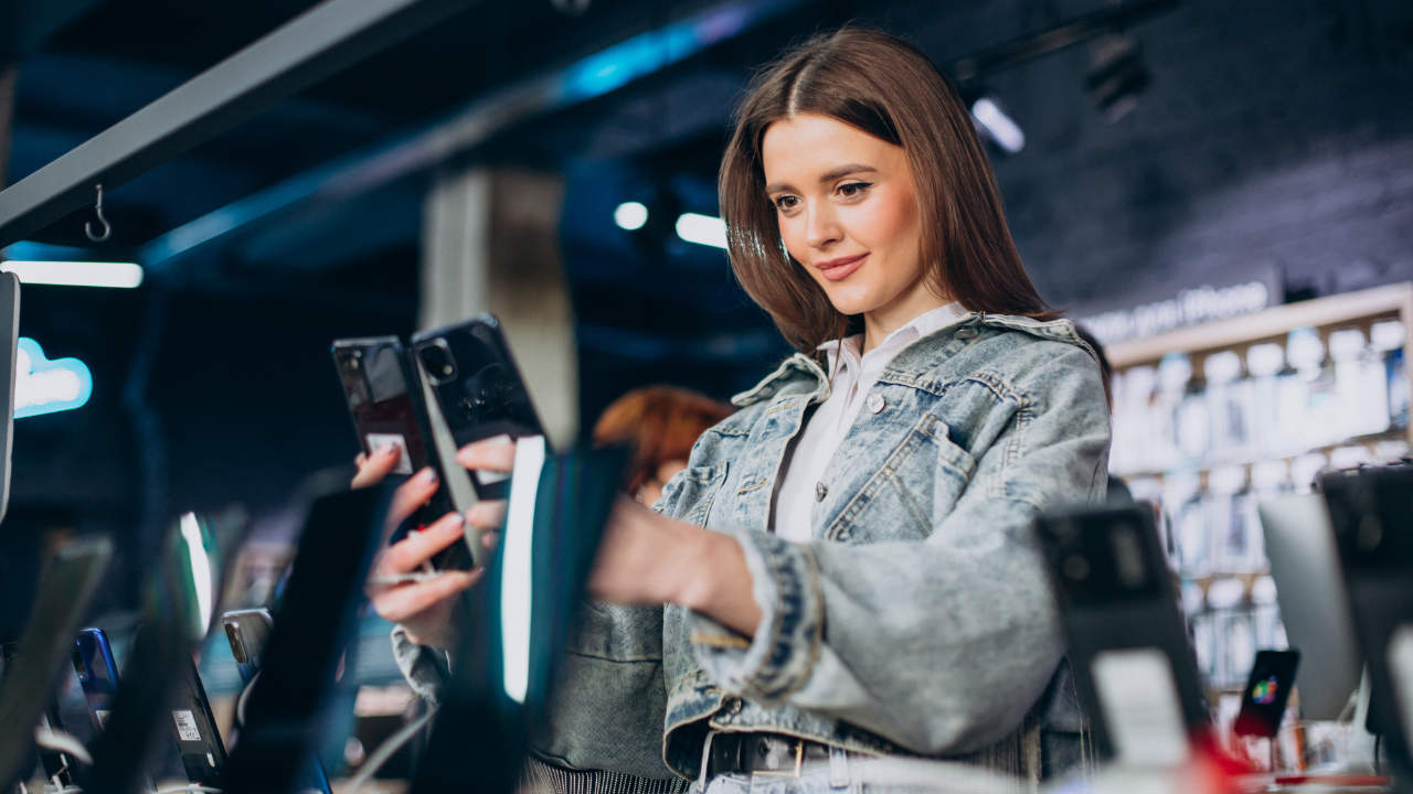 Mulher escolhendo melhor celular custo-benefício em loja