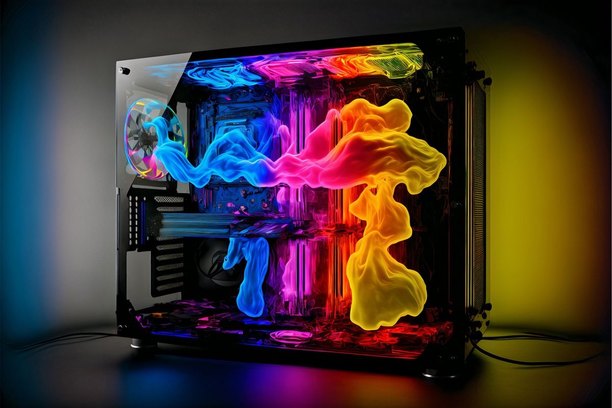 Imagem de um computador da Pichau Gamer 2024. Ele tem o gabinete preto e dentro há gases coloridos