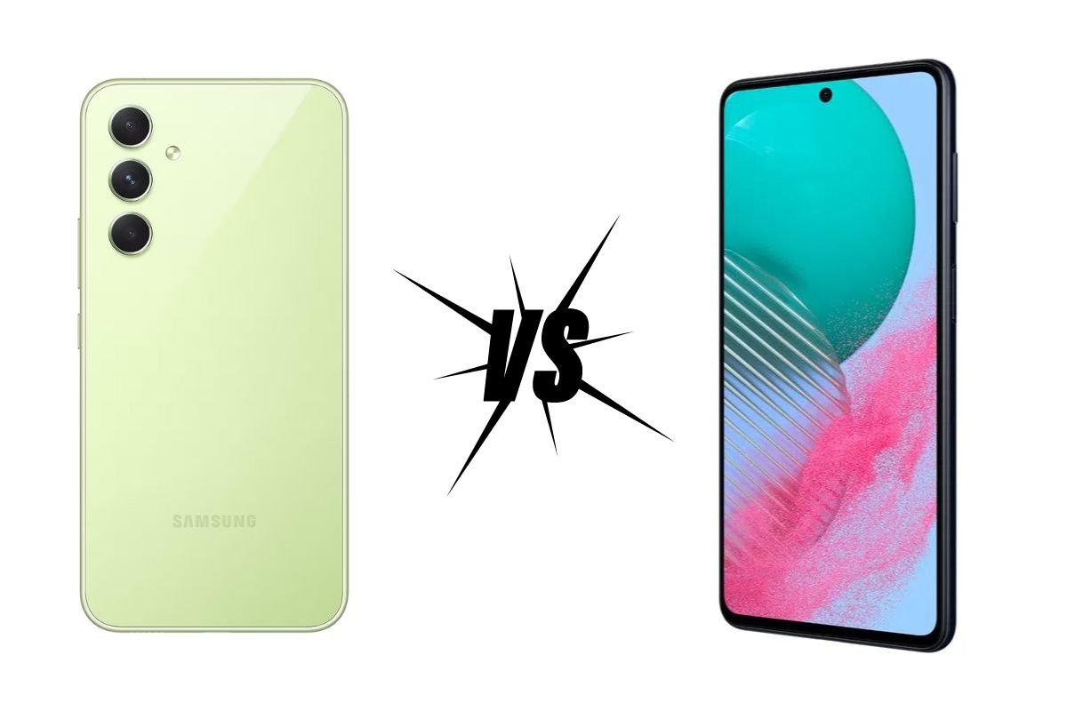 Galaxy A54 vs Galaxy M54 lado a lado dividido pelo ilustração de 