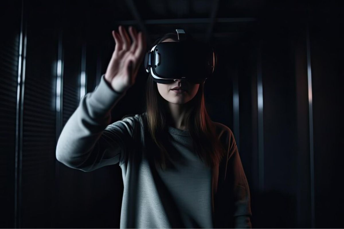Uma menina em um quarto usa um óculos VR e está com uma das mãos levantadas
