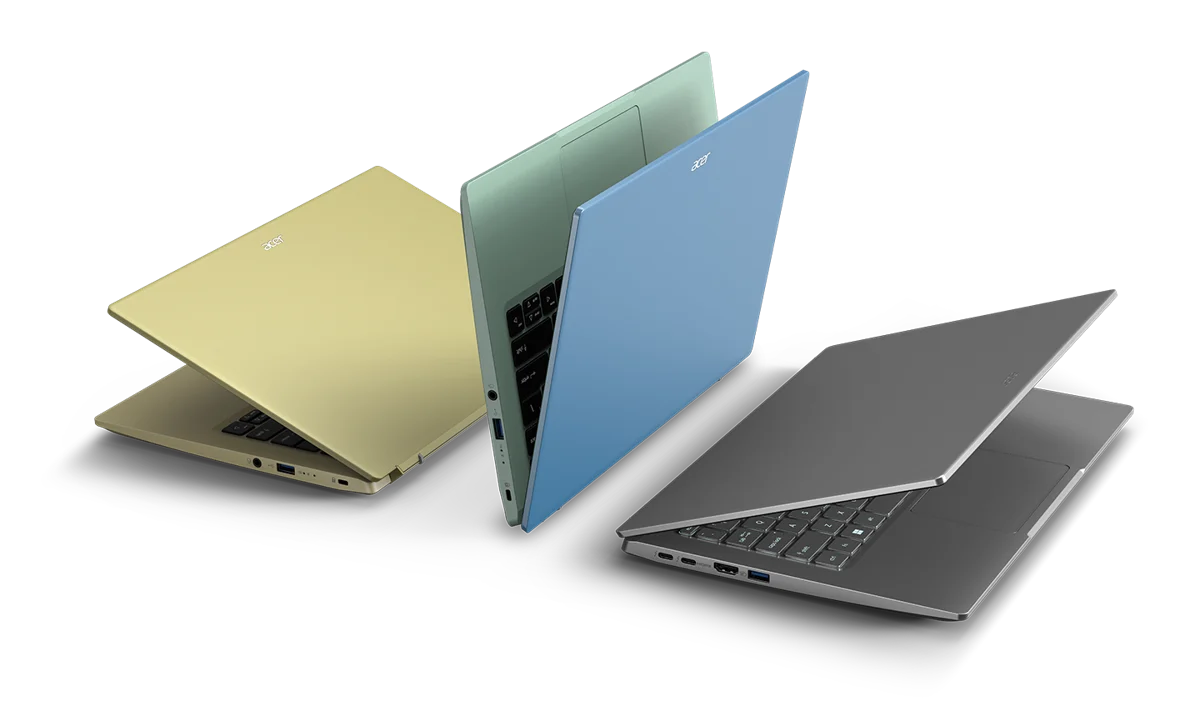 Notebooks Acer Swift 3 nas cores amarelo, azul e grafite, respectivamente