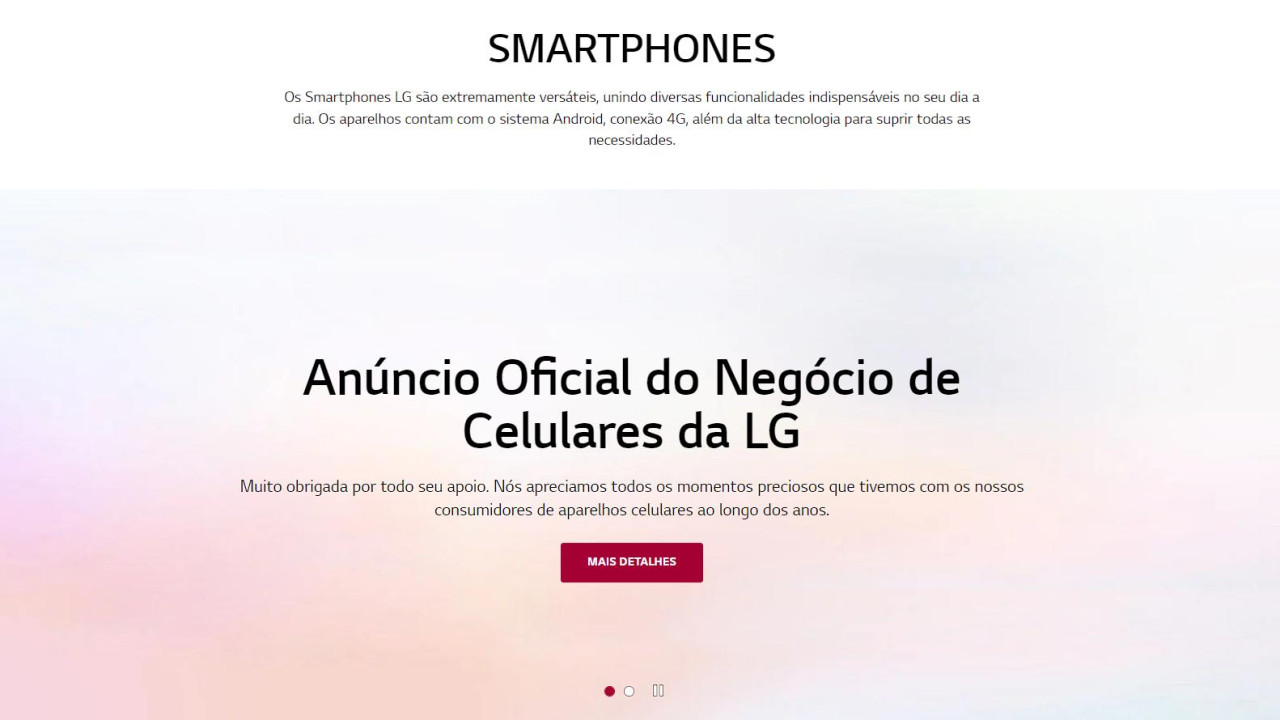 Anúncio oficial da LG para descontinuação da linha de celulares