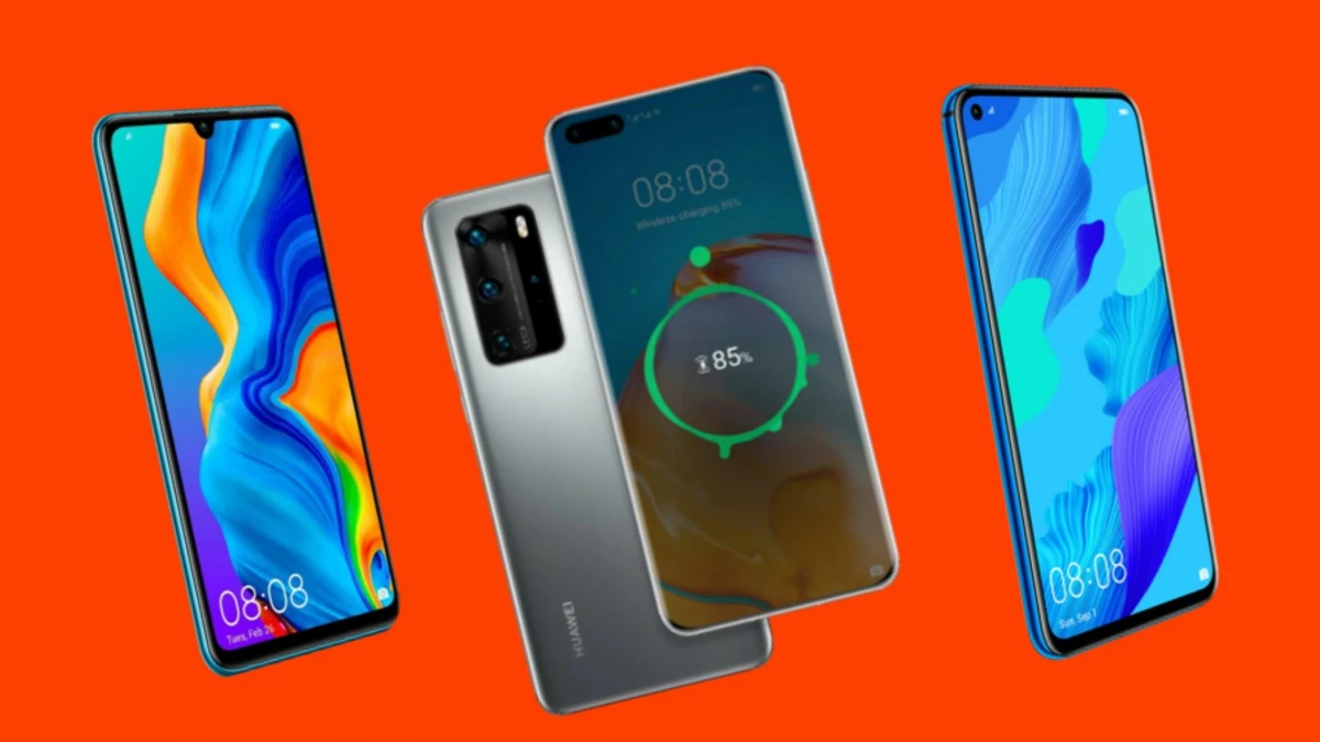 Celulares Huawei em fundo laranja