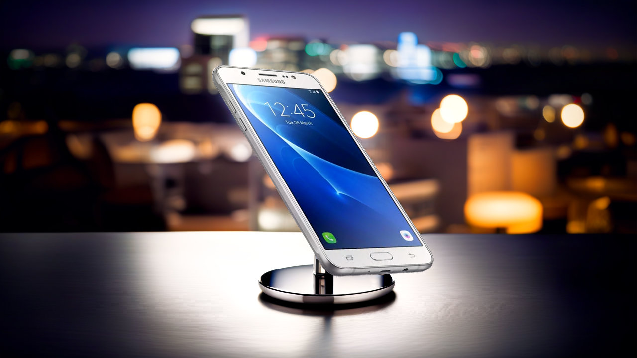 Samsung Galaxy J1 prata em stand em paisagem noturna