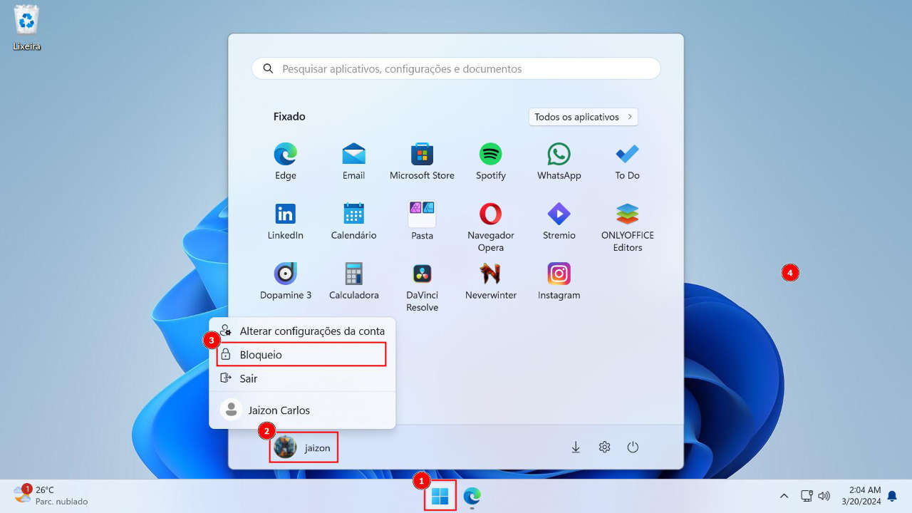 Atalho para bloquear e desbloquear computador com senha pelo menu Iniciar