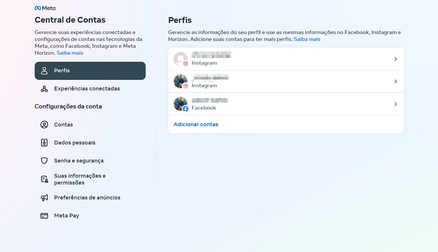 Central de Contas da Meta, local para gerenciar perfis do Instagram conectados e desconectar de outro celular