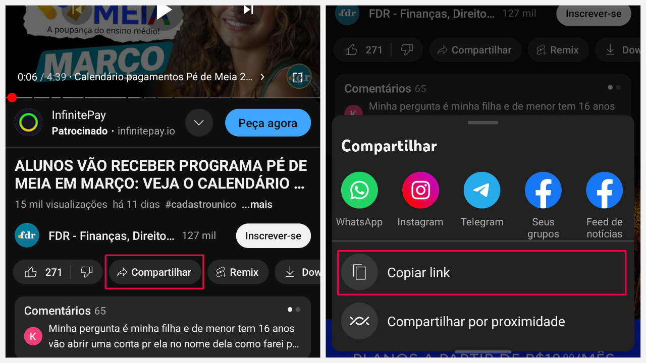 Copiar link do YouTube para baixar música para o celular