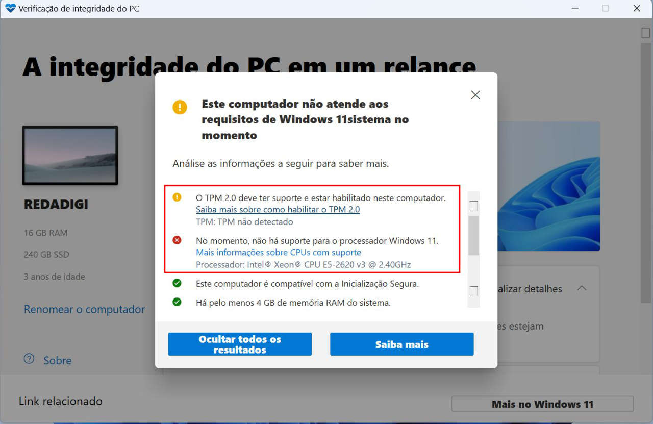 Usando o PC Health Check para ver se o computador tem suporte ao Windows 11 antes por que o Windows 10 vai acabar